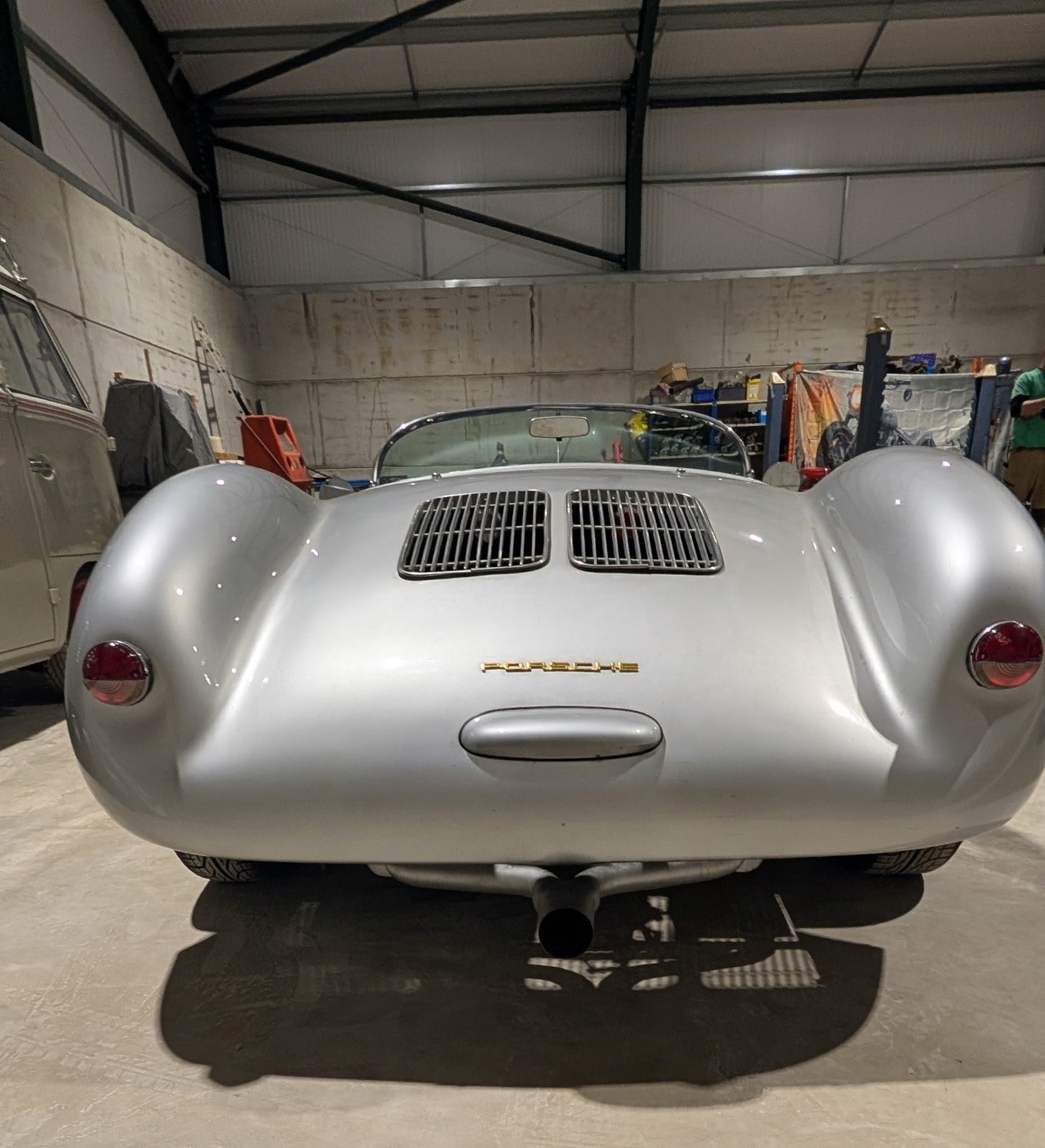 Silver classic sports car in our Mansfield workshop
